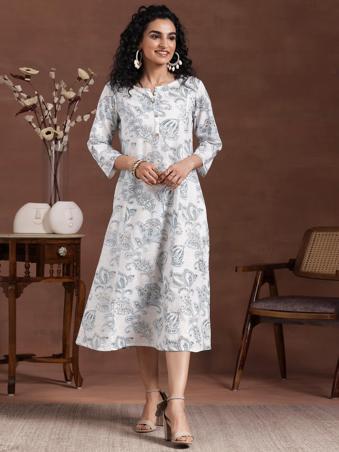 White Printed Cotton A-Line Dress - Libas 