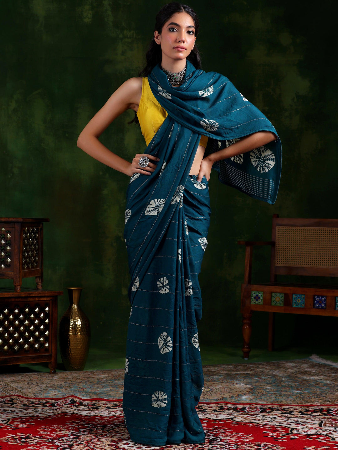 Teal Printed Poly Chiffon Saree With Unstitched Blouse Piece - Libas 