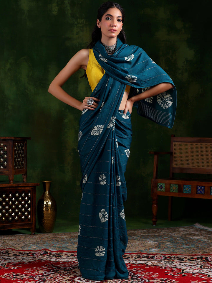 Teal Printed Poly Chiffon Saree With Unstitched Blouse Piece - Libas