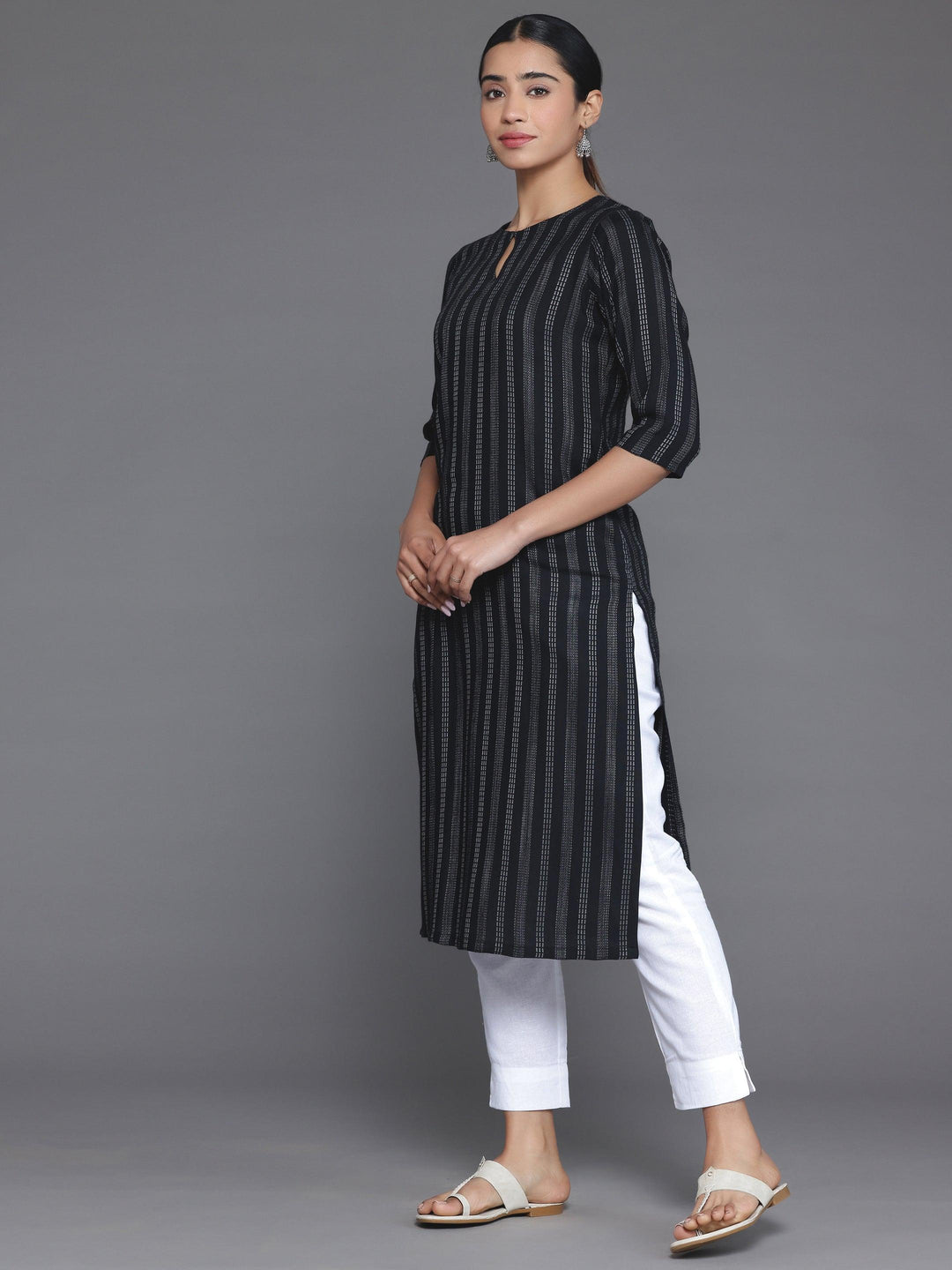 Black Striped Rayon Straight Kurta - Libas 