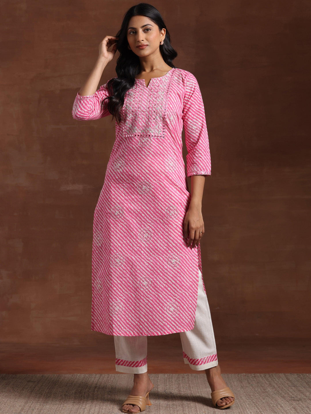 Pink Printed Cotton Straight Kurta Set - Libas 