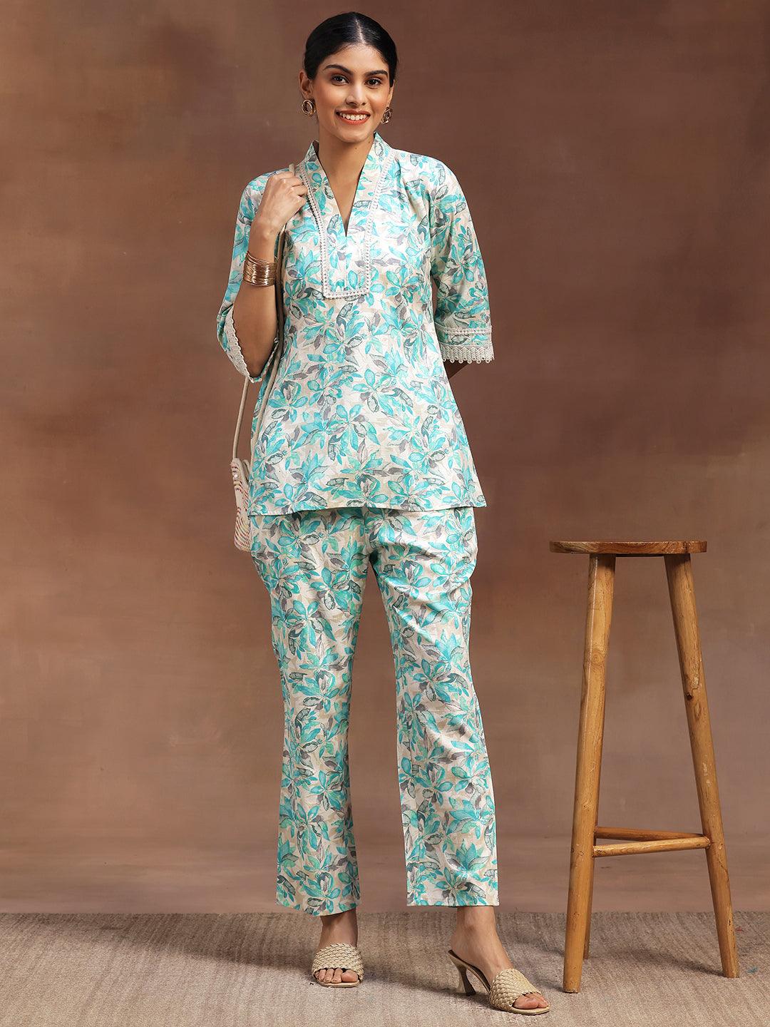 Turquoise Printed Cotton Blend Co-Ords - Libas 