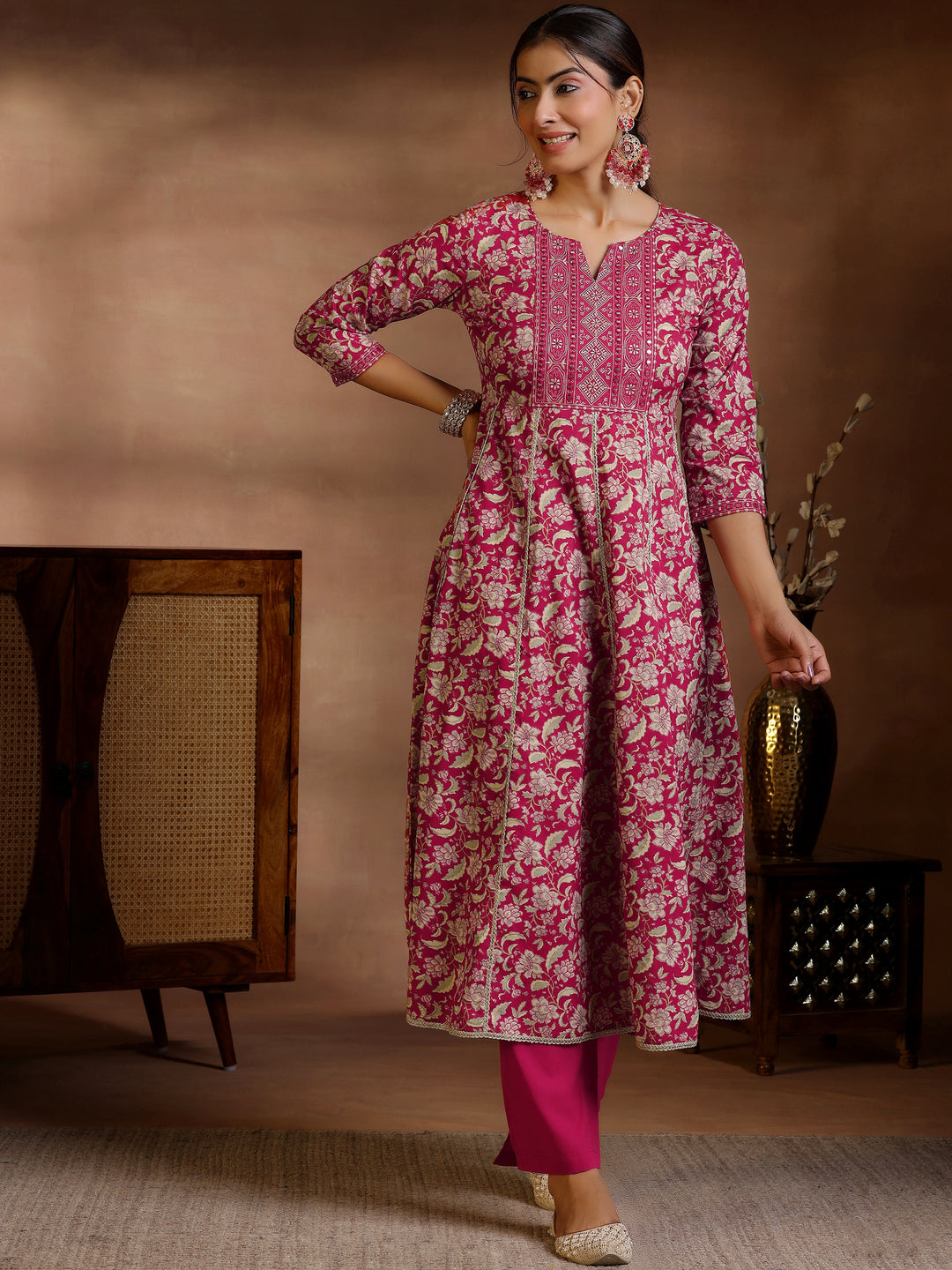  Pink Printed Cotton Anarkali Kurta Set 