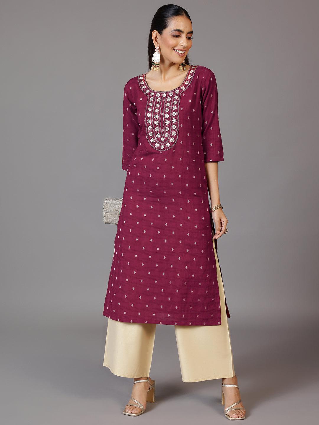 Maroon Embroidered Cotton Straight Kurta - Libas 