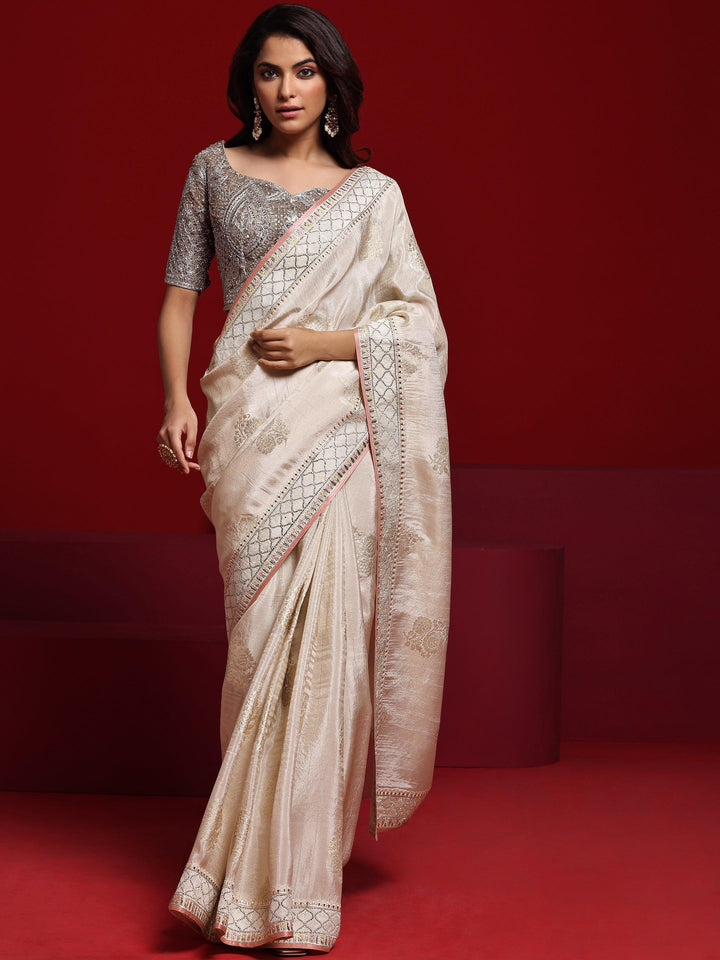 Libas Art Beige Woven Design Silk Blend Saree With Unstitched Blouse Piece - Libas