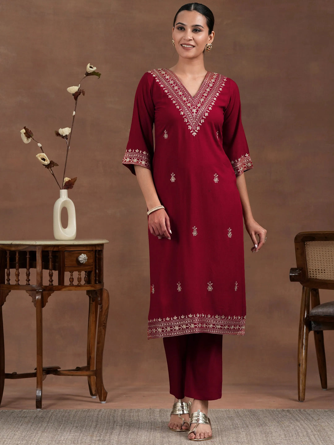  Red Embroidered Rayon Straight Kurta Set 