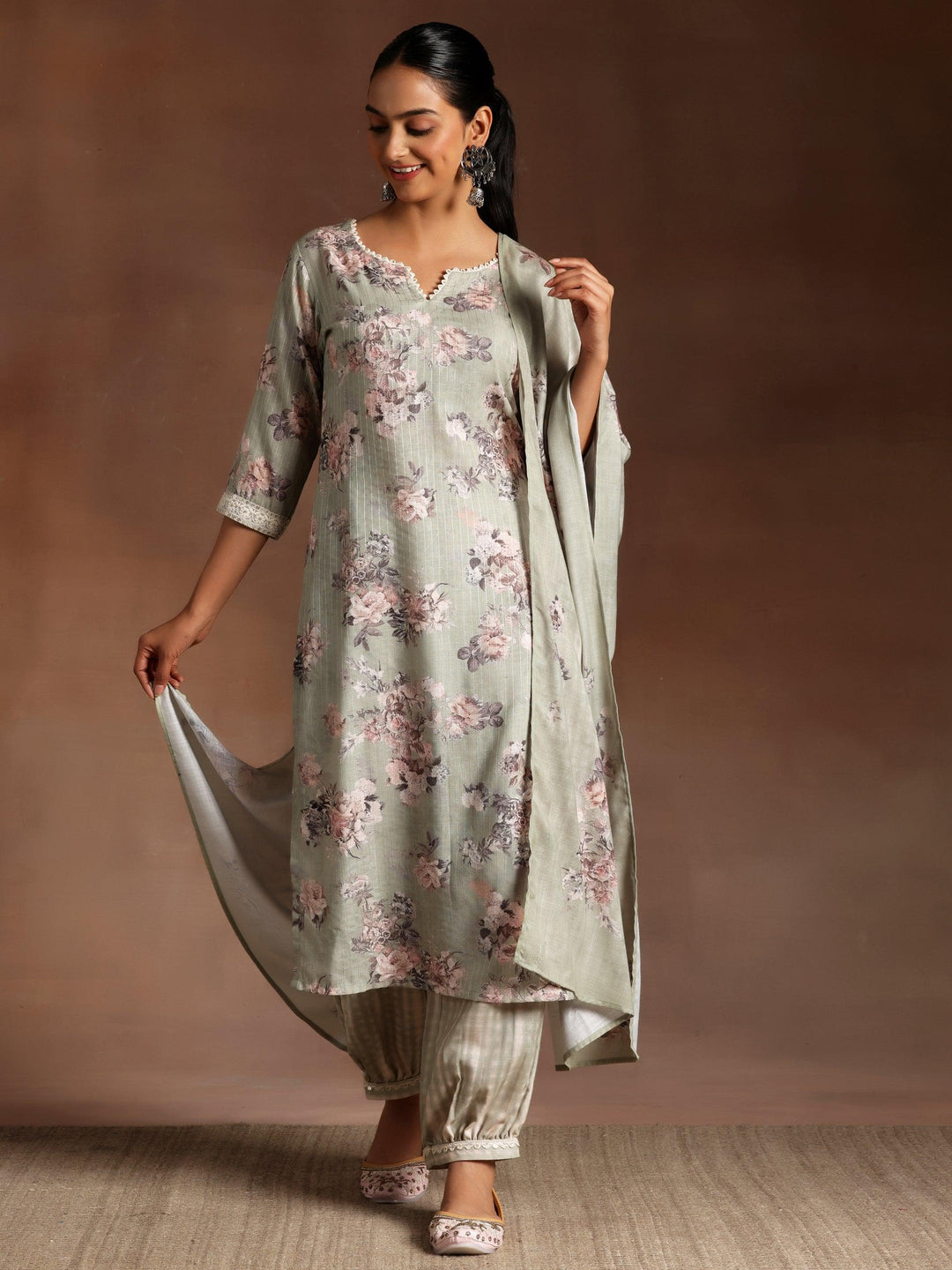 Green Printed Cotton Straight Suit With Dupatta - Libas 