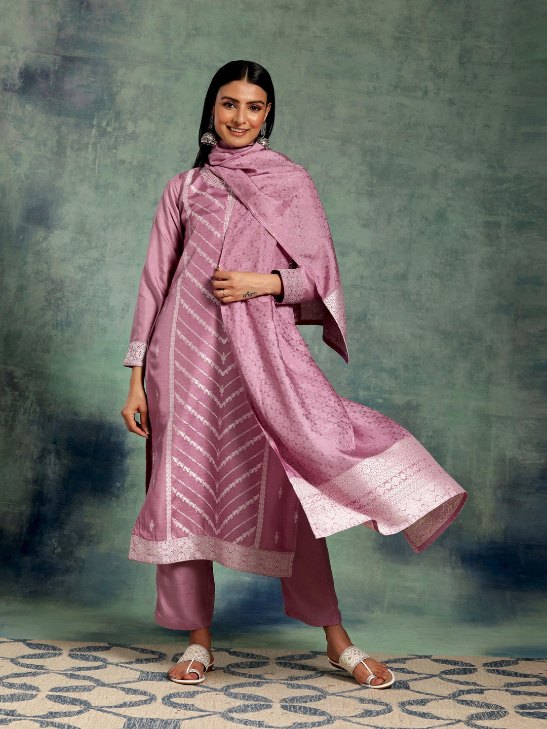 Lilac Woven Design Silk Blend Straight Suit With Dupatta - Libas