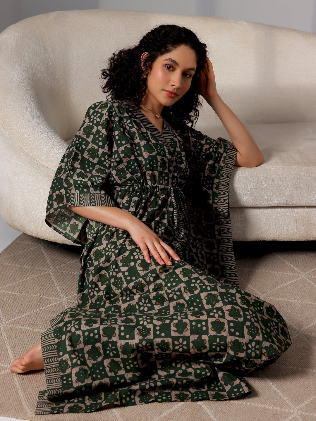 Green Printed Cotton Kaftan Night Dress - Libas