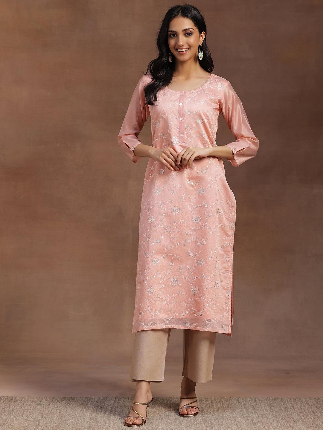 Peach Embroidered Chanderi Silk Straight Kurta - Libas 