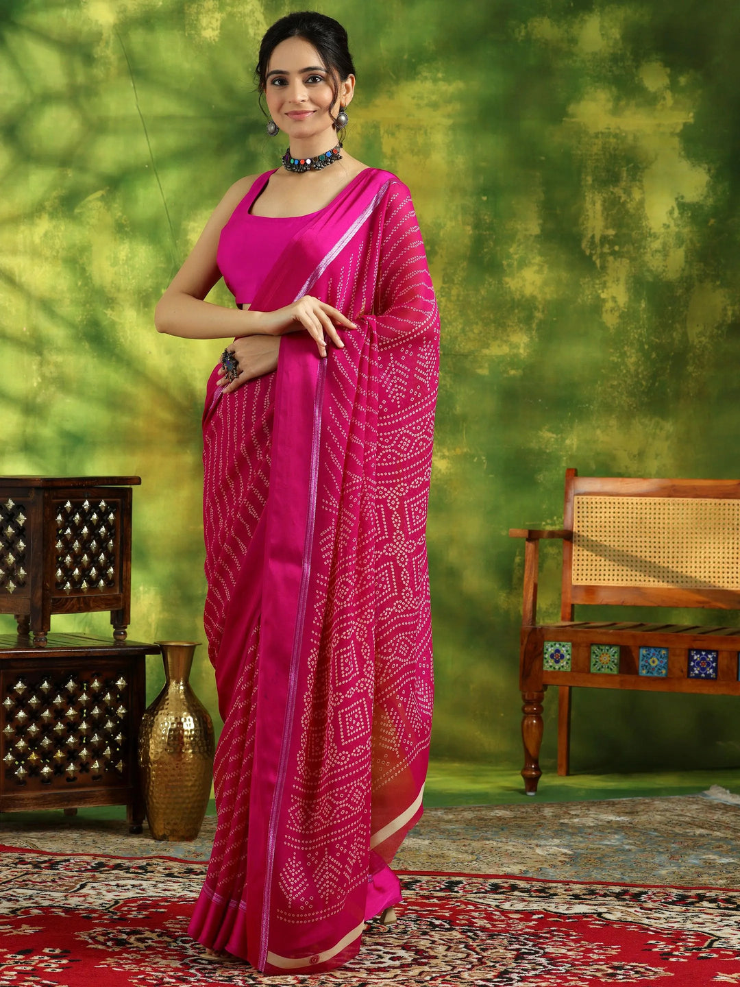 Pink Printed Satin Saree With Unstitched Blouse Piece - Libas