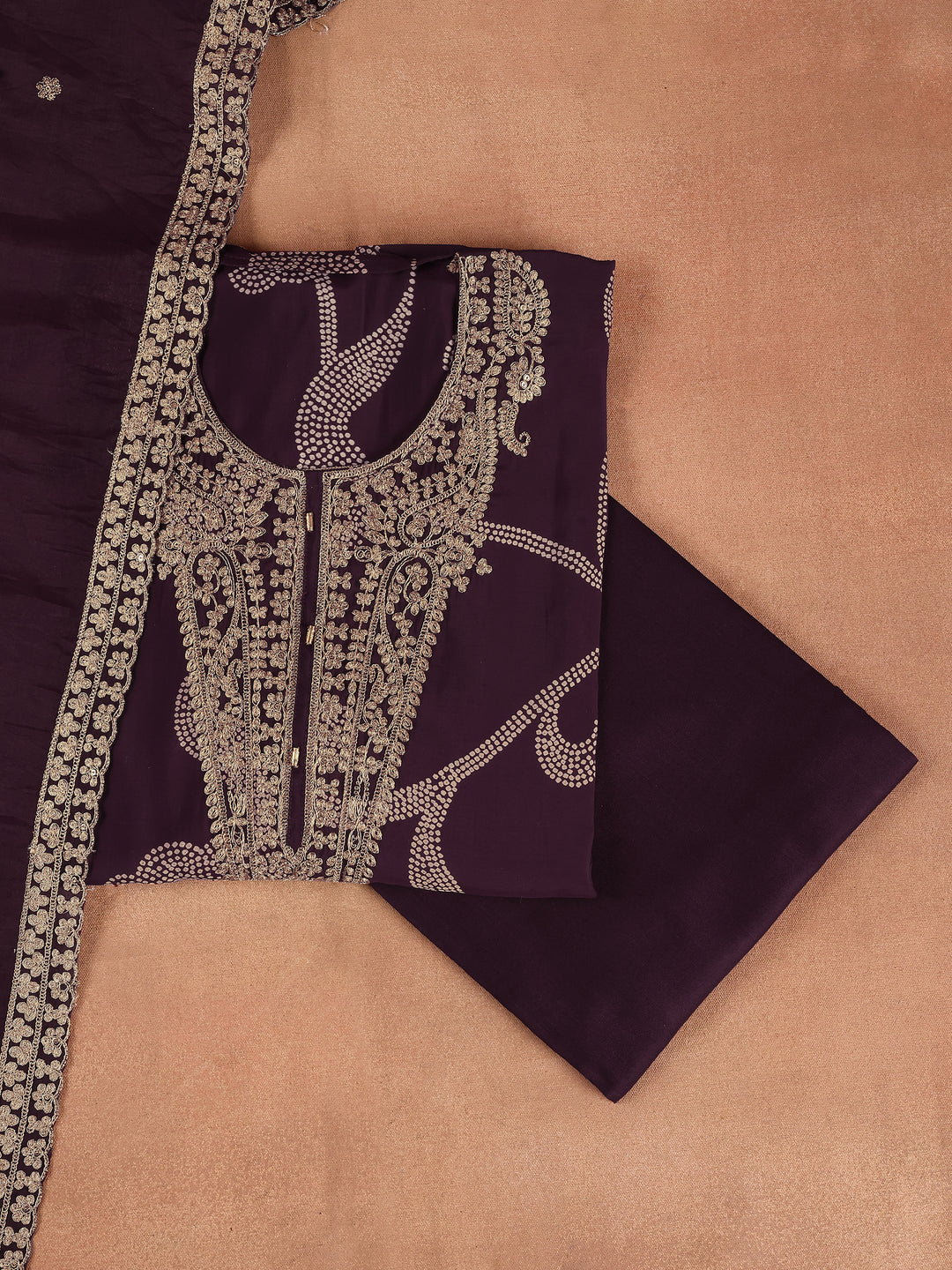 Wine Embroidered Silk Blend Unstitched Suit Set