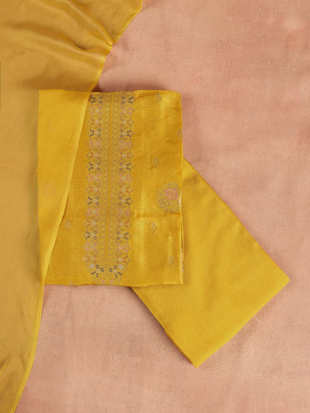 Mustard Embroidered Silk Blend Unstitched Suit Set