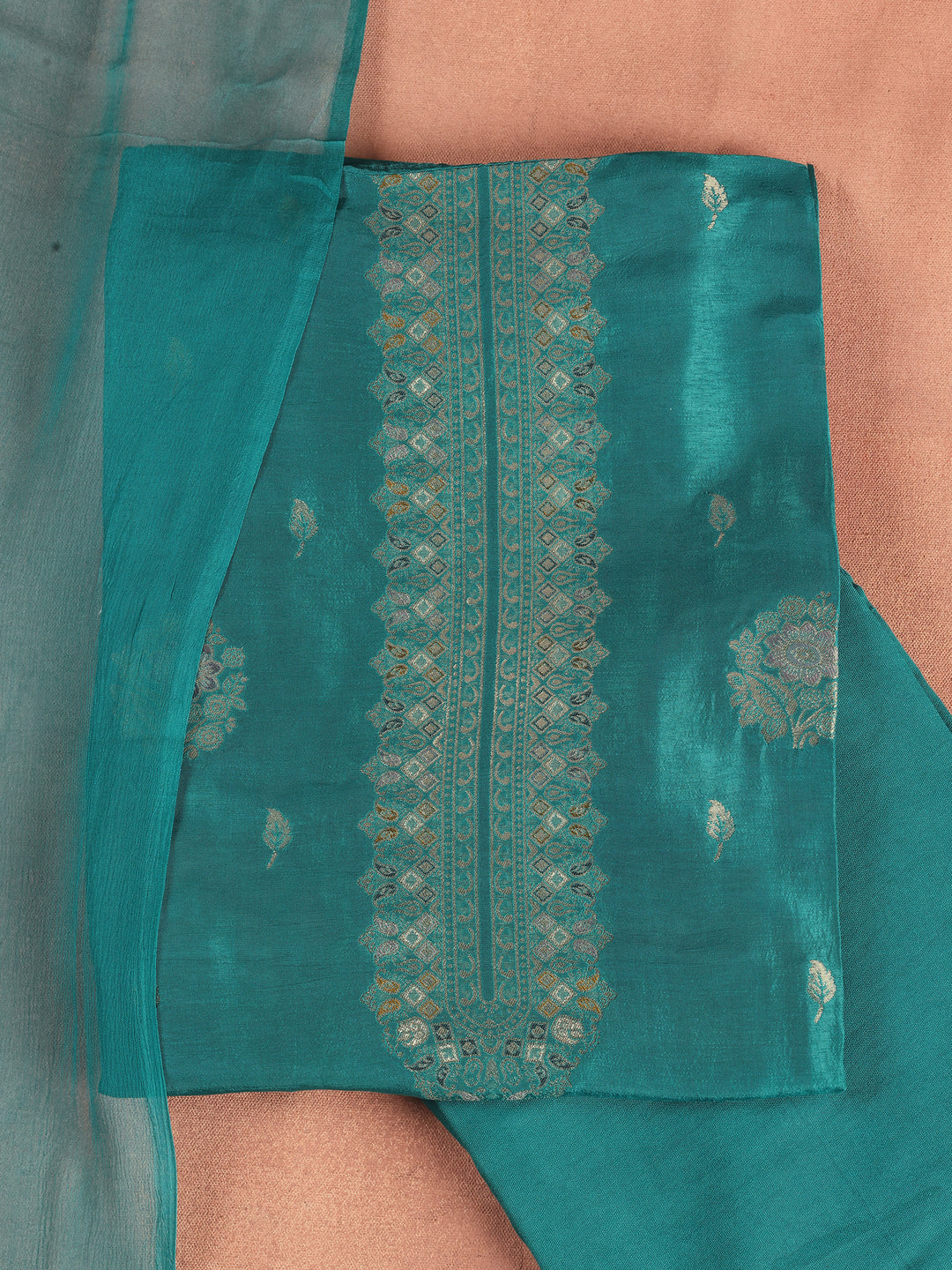 Teal Embroidered Silk Blend Unstitched Suit Set