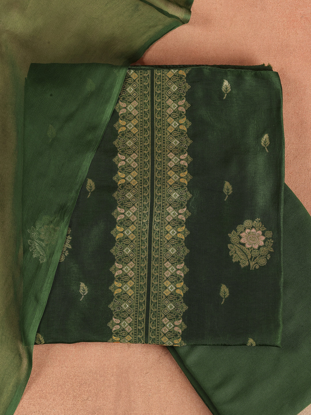 Green Woven Design Silk Blend Unstitched Suit Set