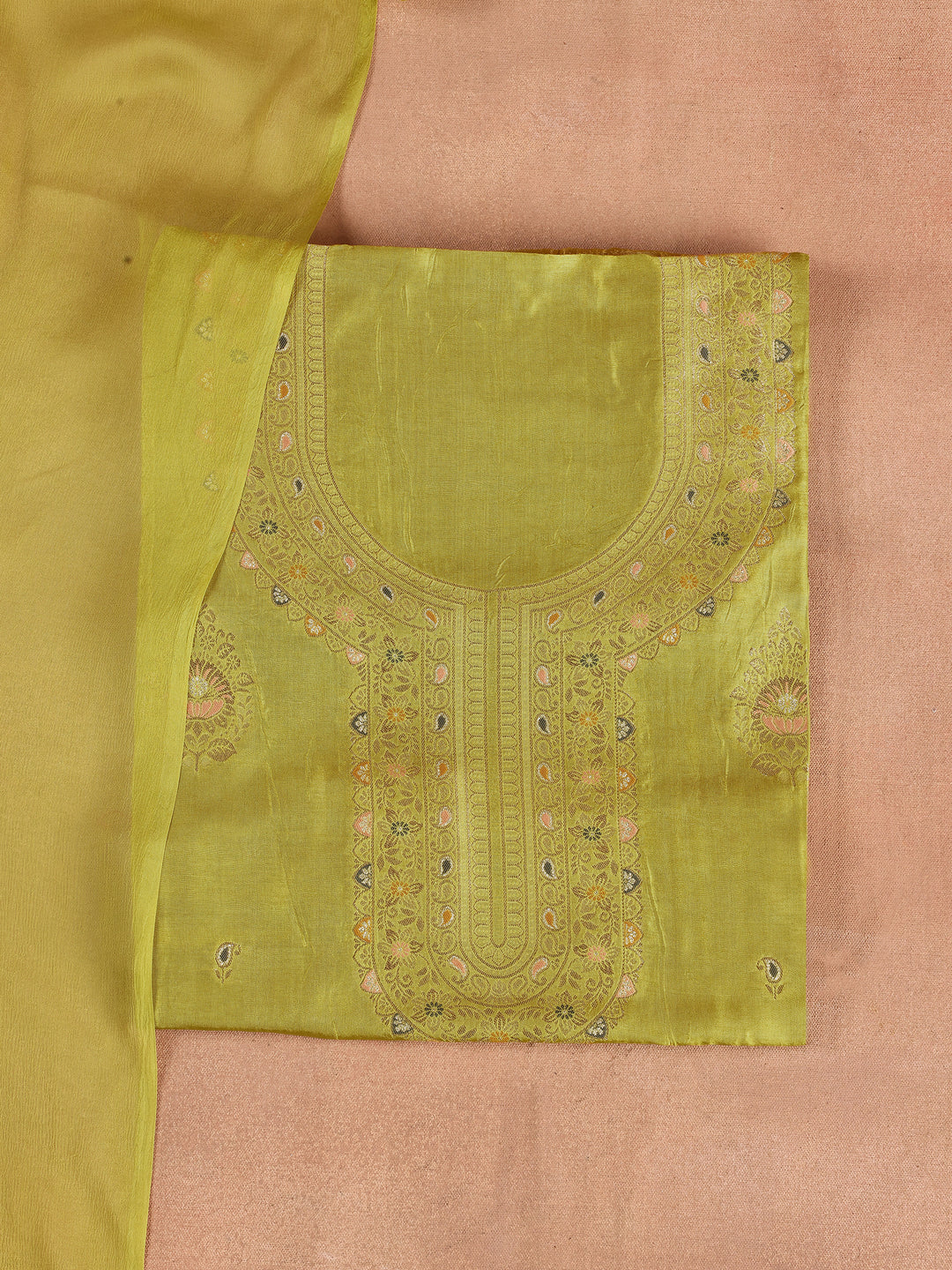 Lime Green Woven Design Silk Blend Dress Material With Dupatta