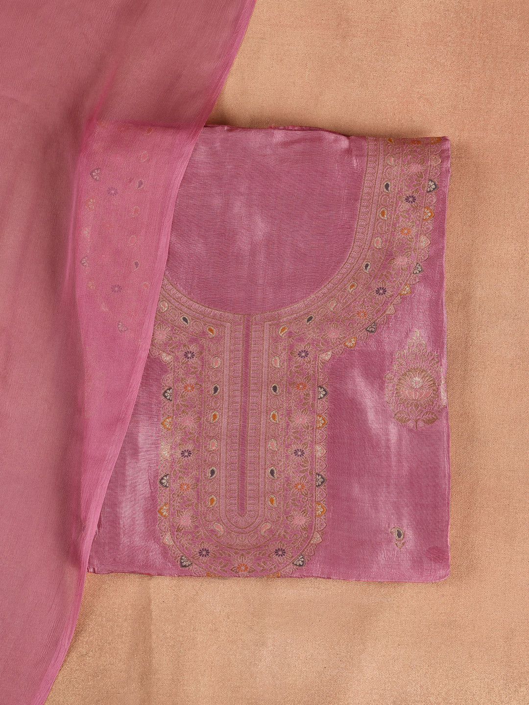 Pink Woven Design Silk Blend Dress Material With Dupatta