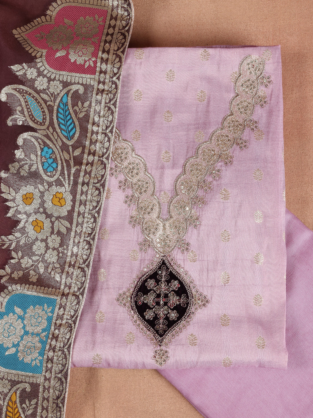 Purple Embroidered Silk Blend Unstitched Suit Set