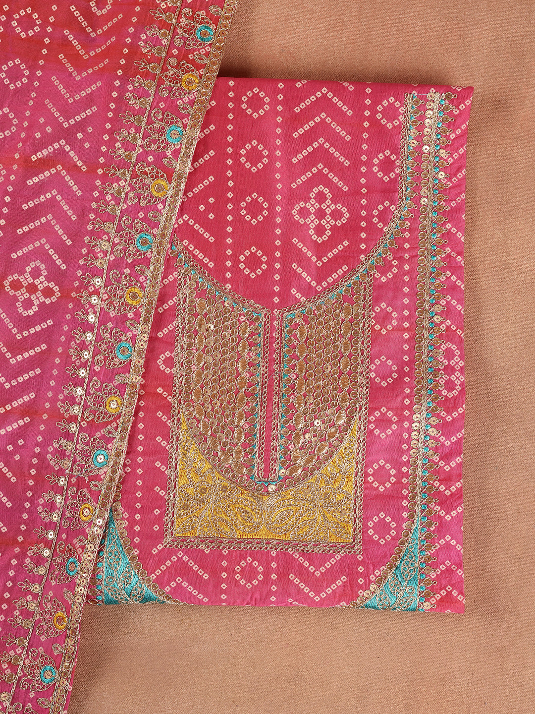 Pink Printed Silk Blend Unstitched Suit Set