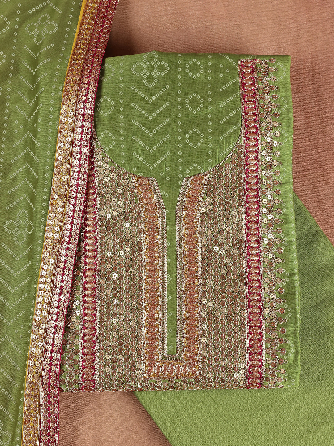 Green Embroidered Silk Blend Unstitched Suit Set