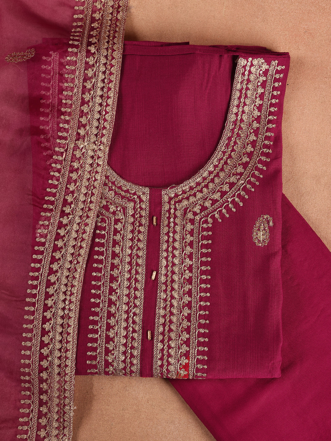 Maroon Embroidered Cotton Blend Unstitched Suit Set