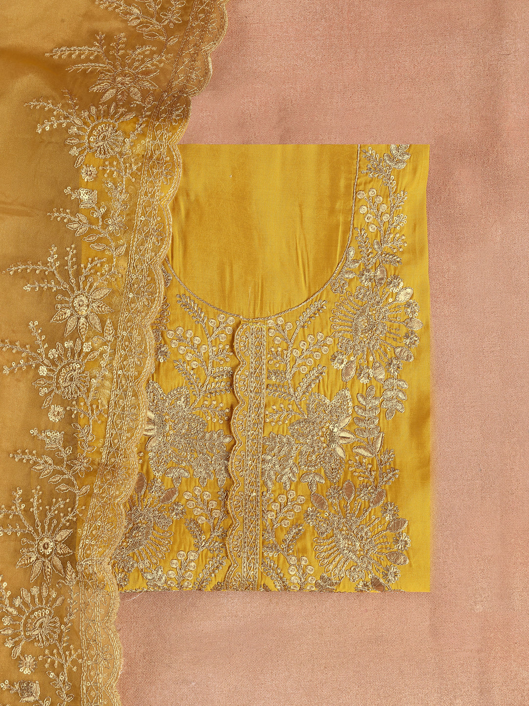 Mustard Embroidered Silk Blend Unstitched Suit Set