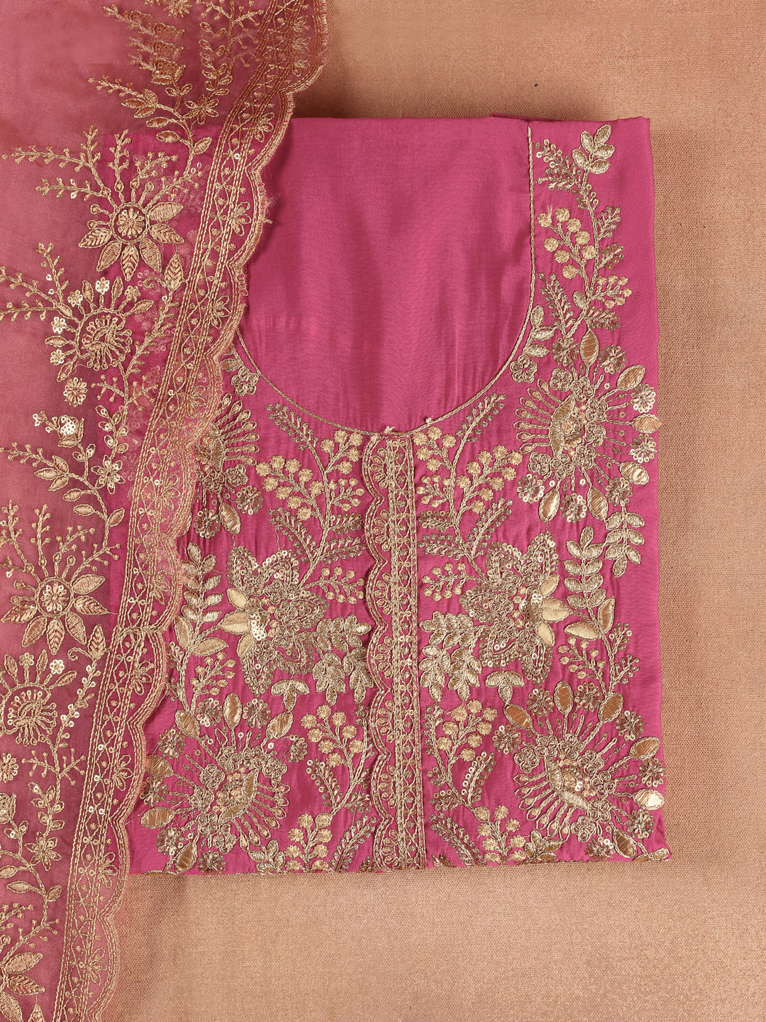 Pink Embroidered Silk Blend Unstitched Suit Set