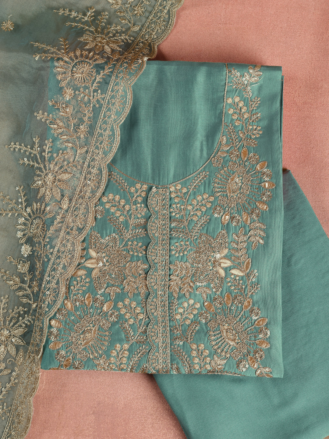 Green Embroidered Silk Blend Unstitched Suit Set