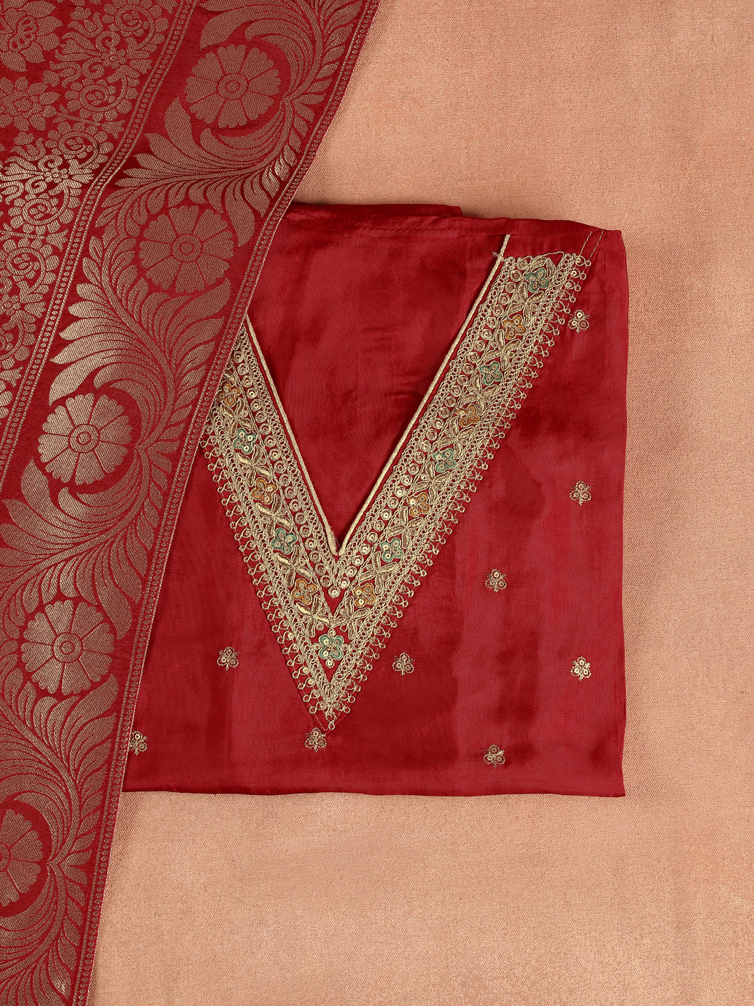 Red Embroidered Silk Blend Dress Material With Dupatta