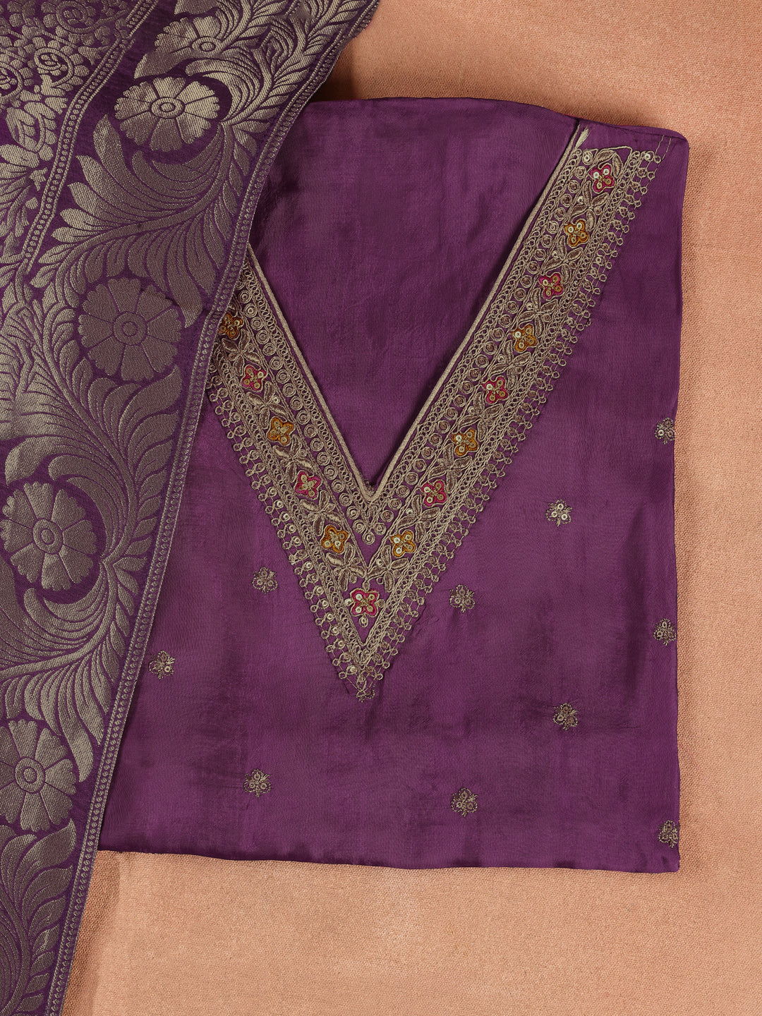 Purple Embroidered Silk Blend Dress Material With Dupatta