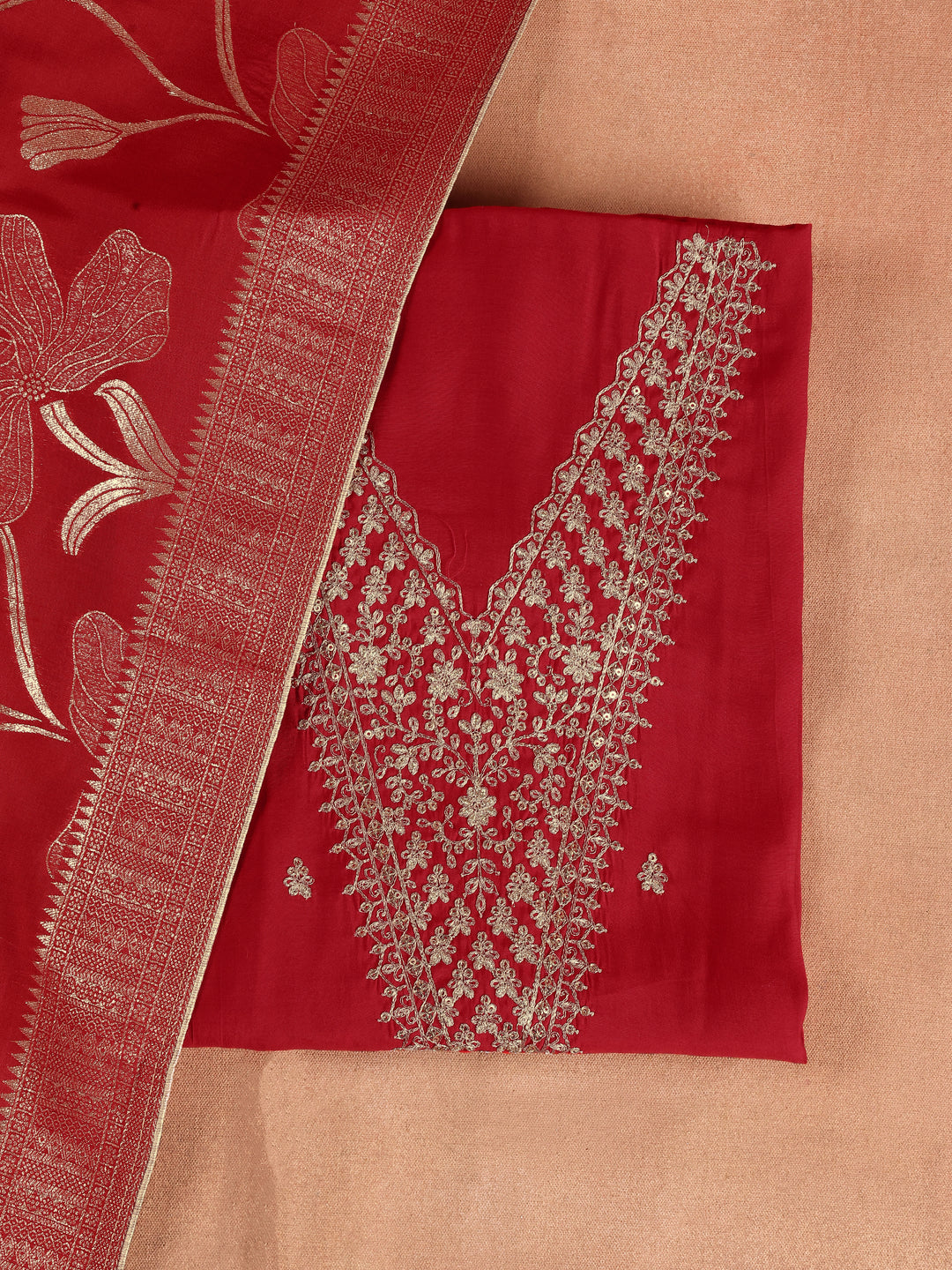 Red Printed Silk Blend Dress Material With Dupatta