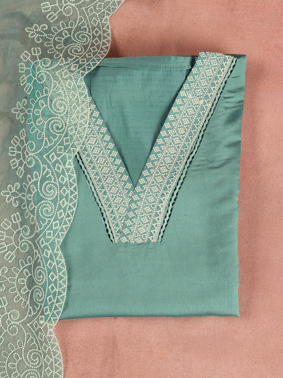 Green Embroidered Silk Blend Unstitched Suit Set