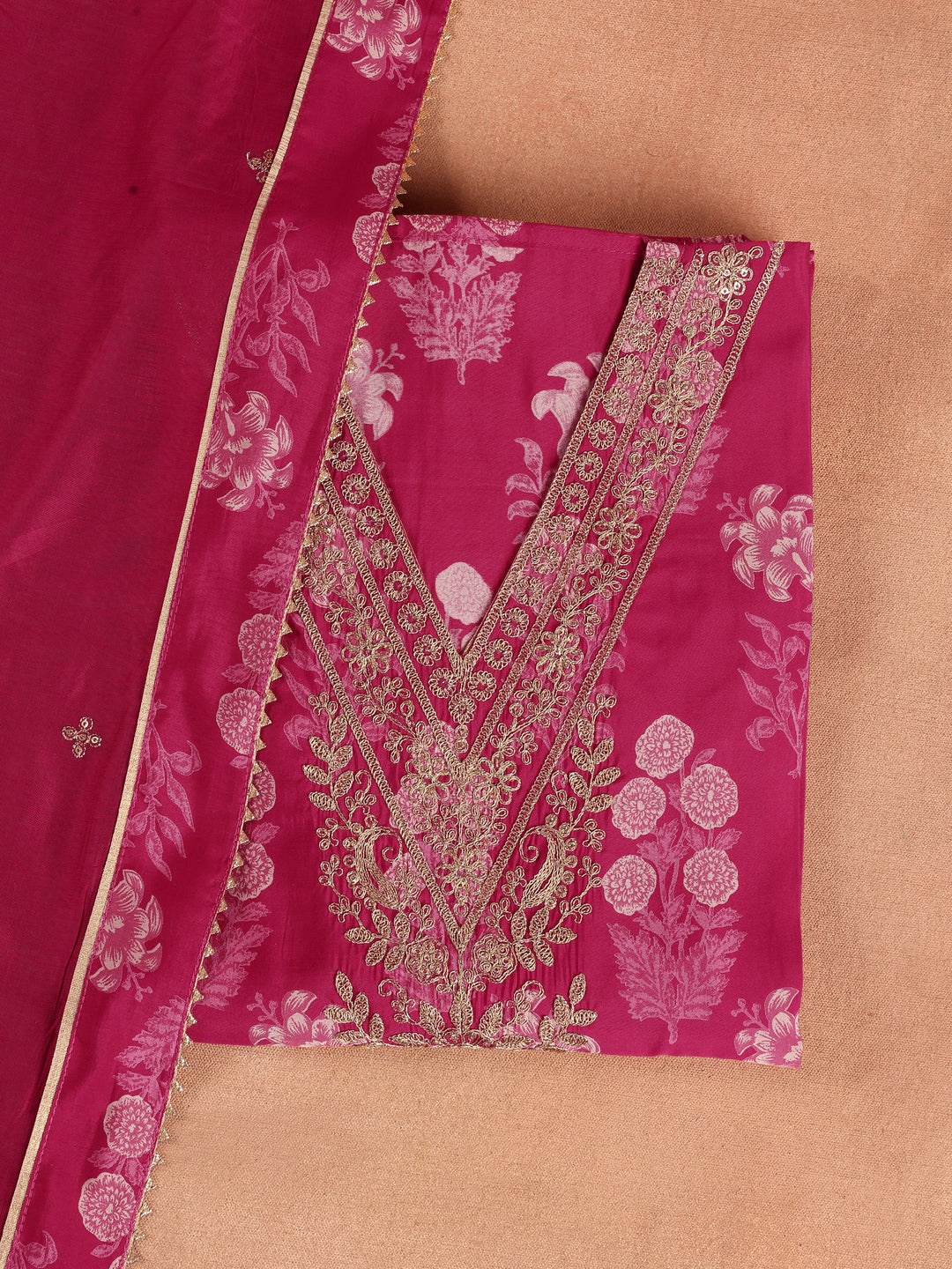 Pink Printed Silk Blend Dress Material With Dupatta