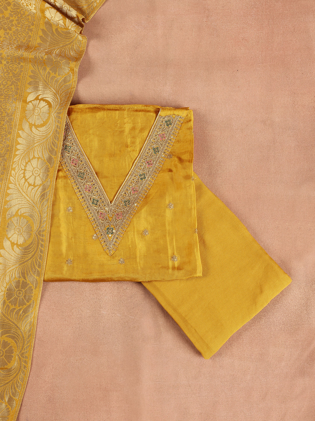 Mustard Printed Silk Blend Dress Material With Dupatta