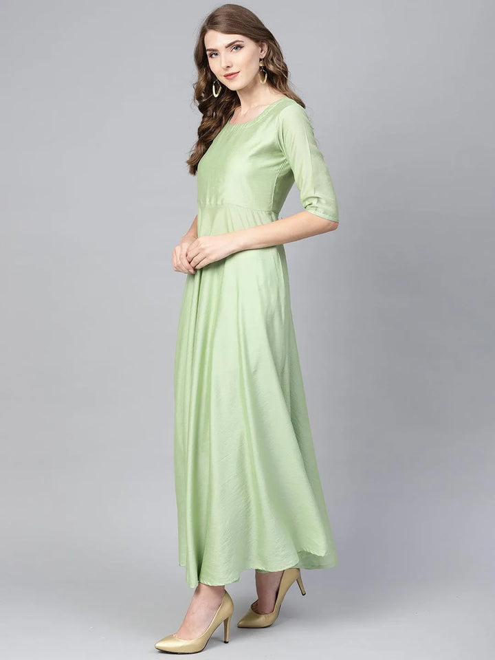 Green Solid Chanderi Silk Anarkali Kurta With Palazzos & Dupatta - Libas