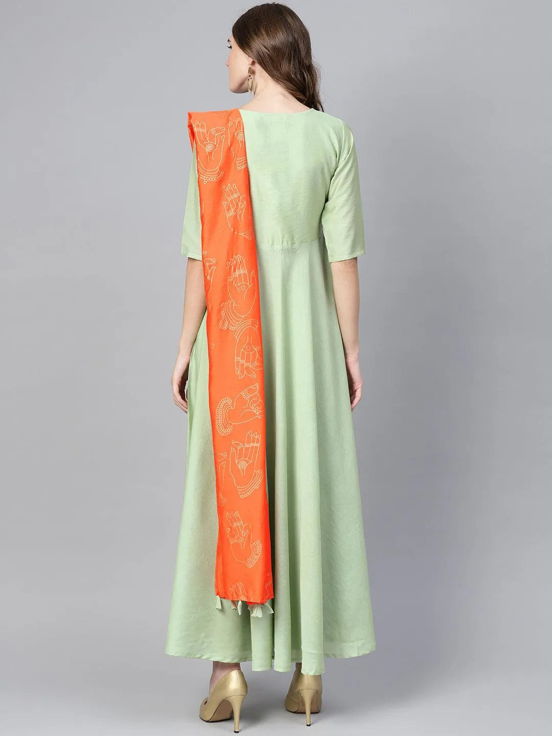 Green Solid Chanderi Silk Anarkali Kurta With Palazzos & Dupatta - Libas