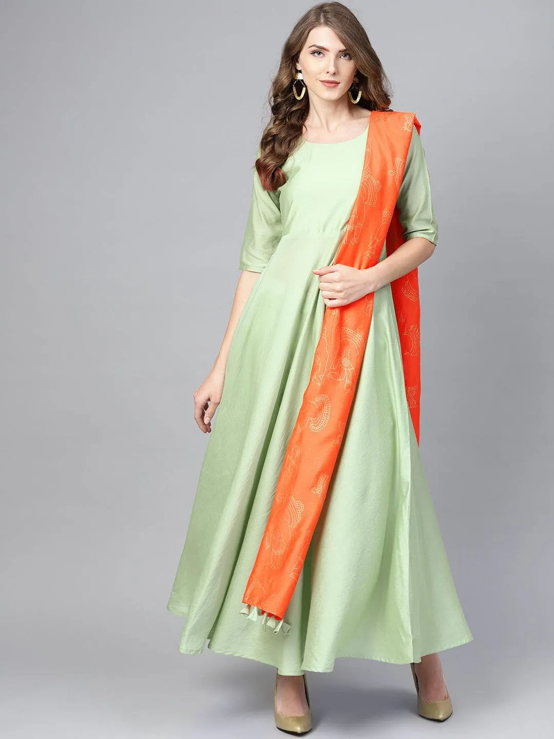 Green Solid Chanderi Silk Anarkali Kurta With Palazzos & Dupatta - Libas