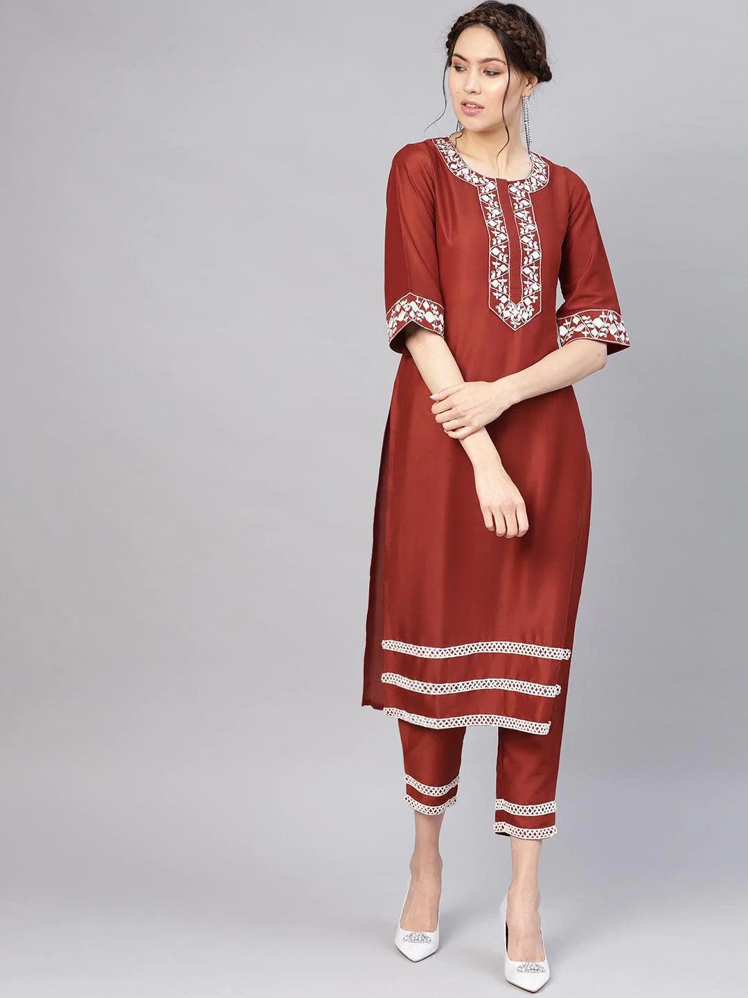  Rust Embroidered Silk Straight Kurta With Trousers 