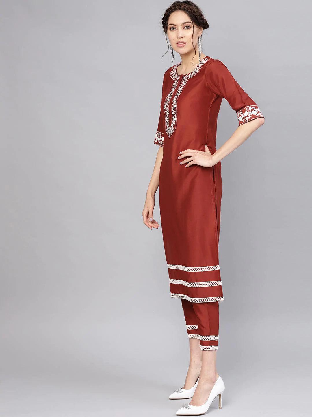  Rust Embroidered Silk Straight Kurta With Trousers 