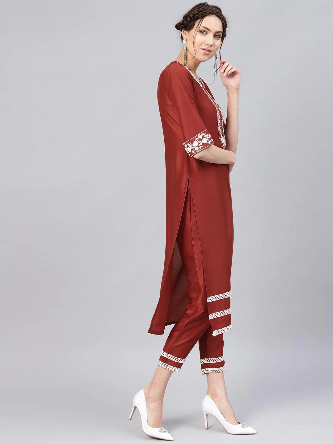  Rust Embroidered Silk Straight Kurta With Trousers 