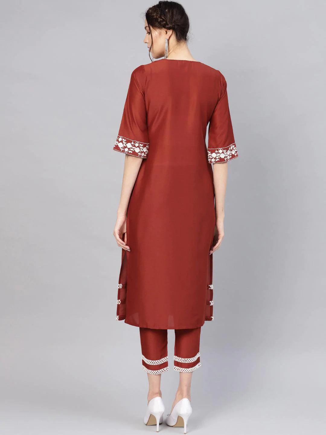  Rust Embroidered Silk Straight Kurta With Trousers 