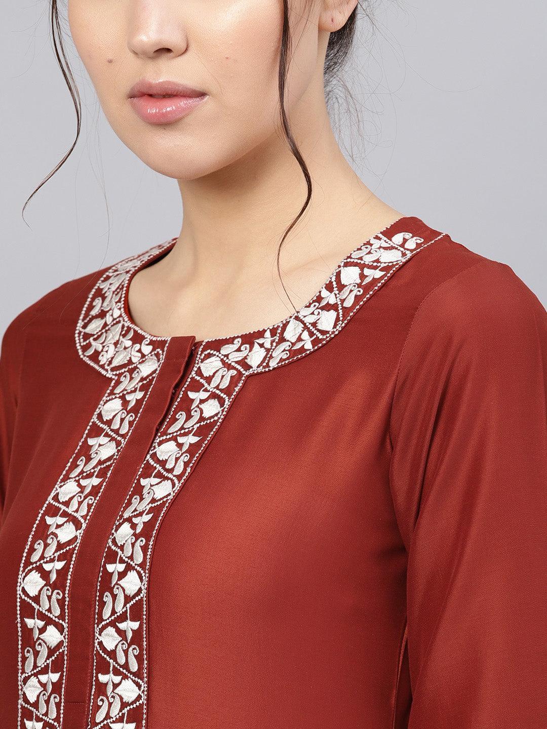  Rust Embroidered Silk Straight Kurta With Trousers 