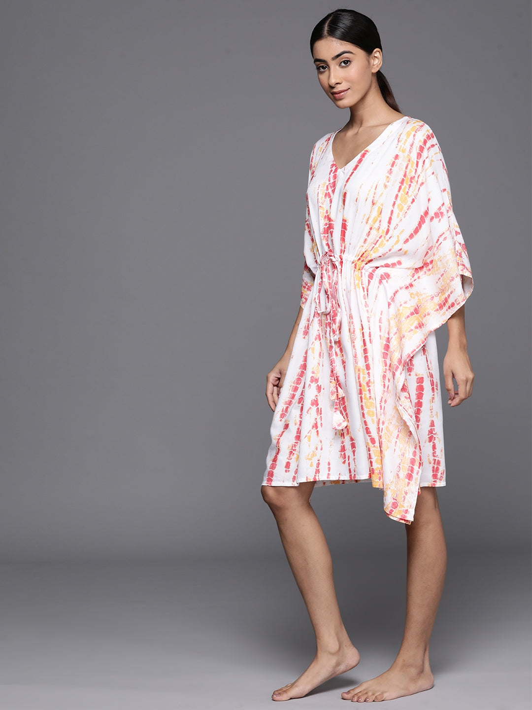  White rayon printed kaftan nightdress with tie-up details 