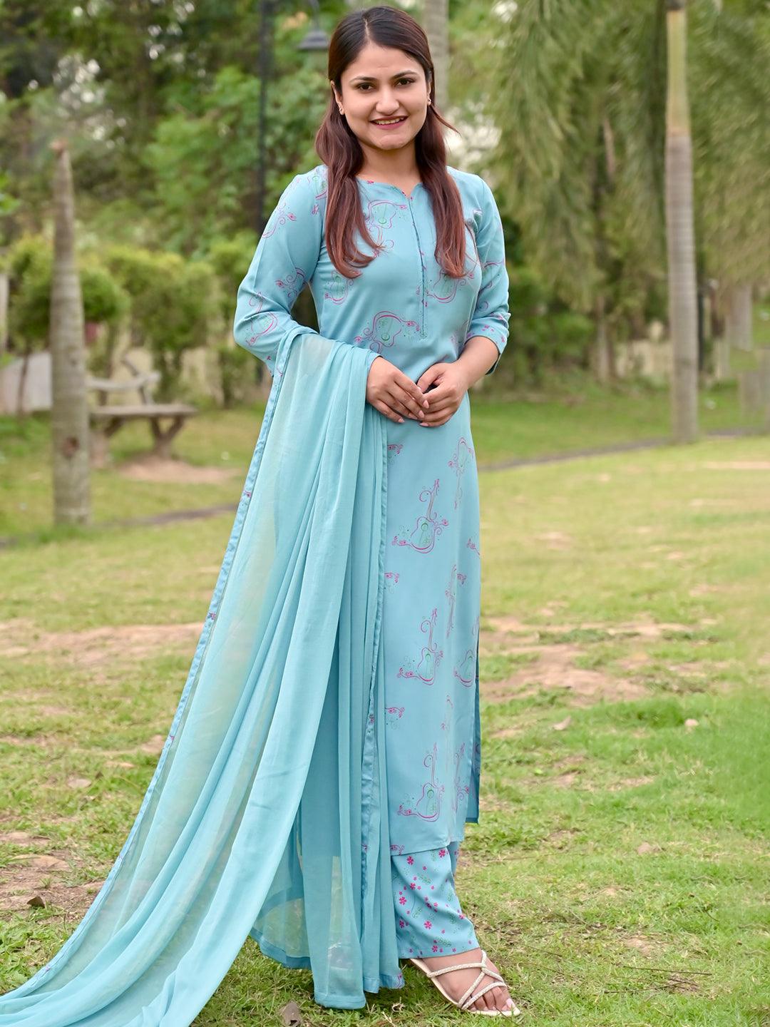 Blue Printed Rayon Straight Kurta With Palazzos & Dupatta - Libas 