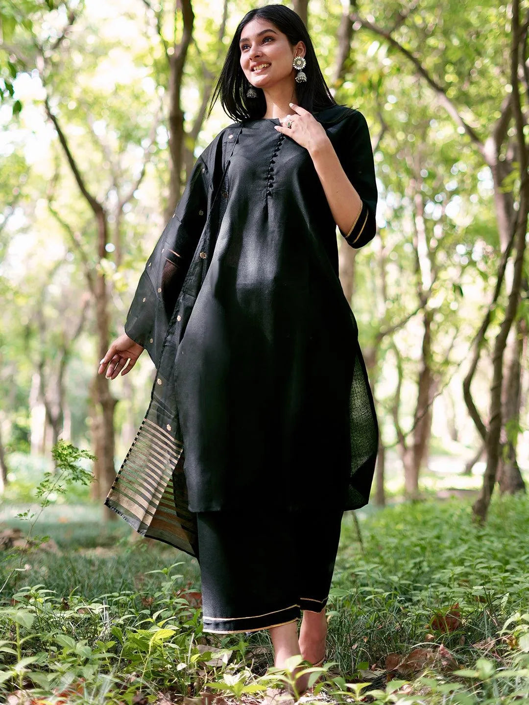 Black Solid Cotton Straight Kurta With Palazzos & Dupatta - Libas 