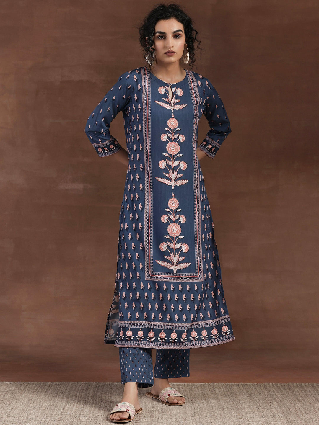 Blue Printed Poly Crepe Straight Kurta Set - Libas