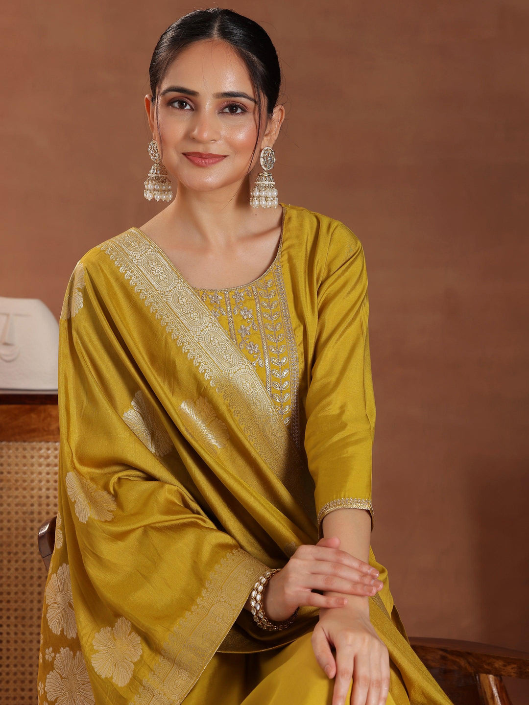 Mustard Yoke Design Silk Blend Straight Suit With Dupatta - Libas 