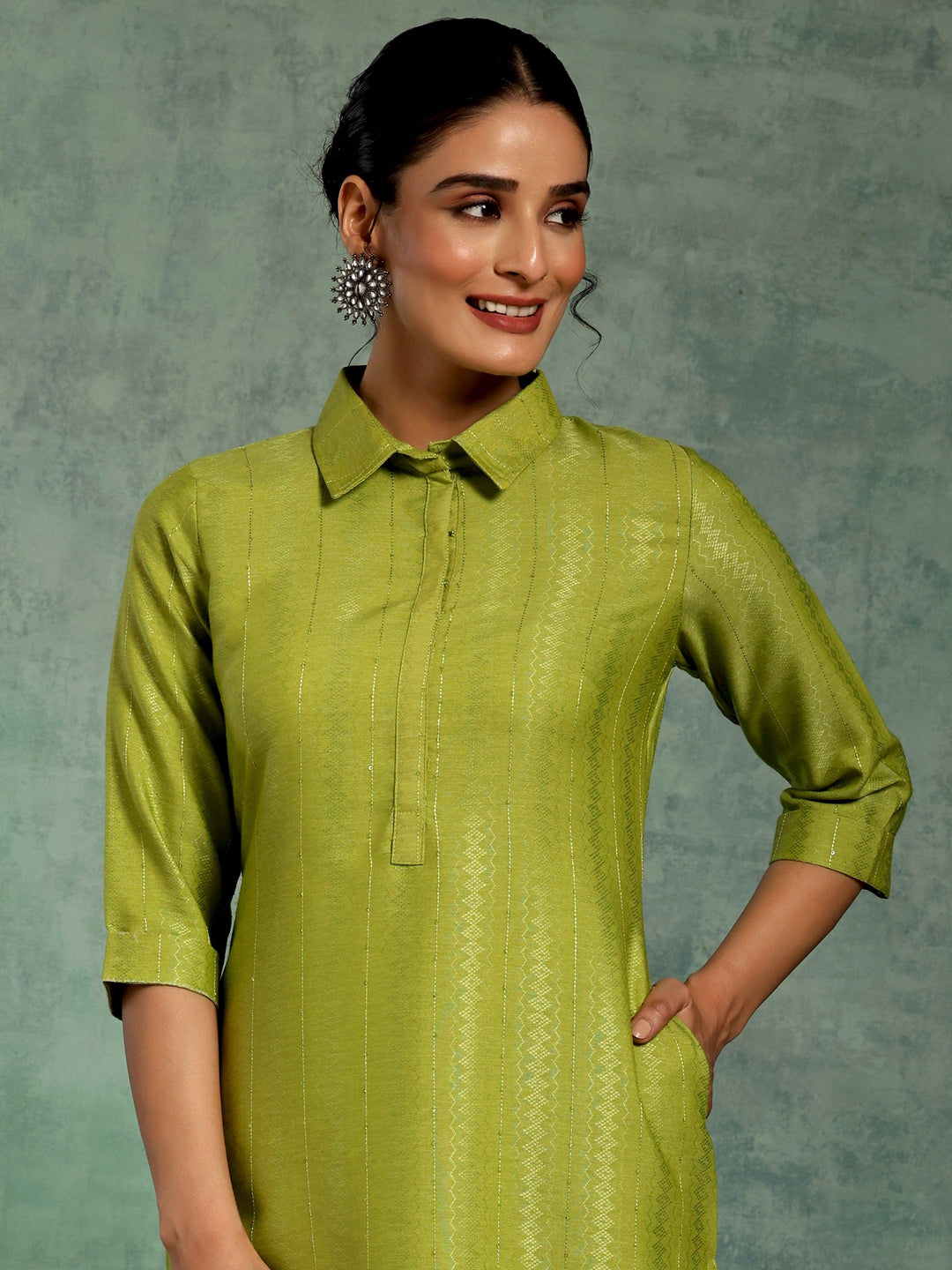 Green Woven Design Cotton Straight Kurta - Libas 