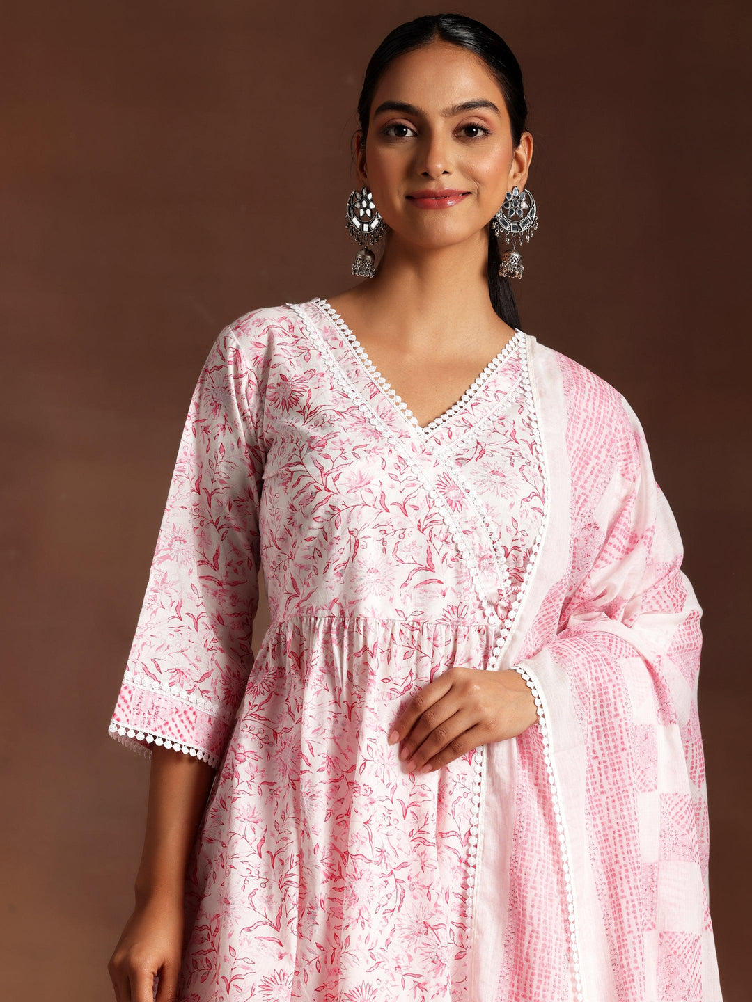 Tabassum Pink Printed Cotton A-Line Kurta With Palazzos & Dupatta - Libas 