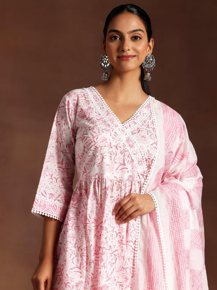 Tabassum Pink Printed Cotton A-Line Kurta With Palazzos & Dupatta - Libas